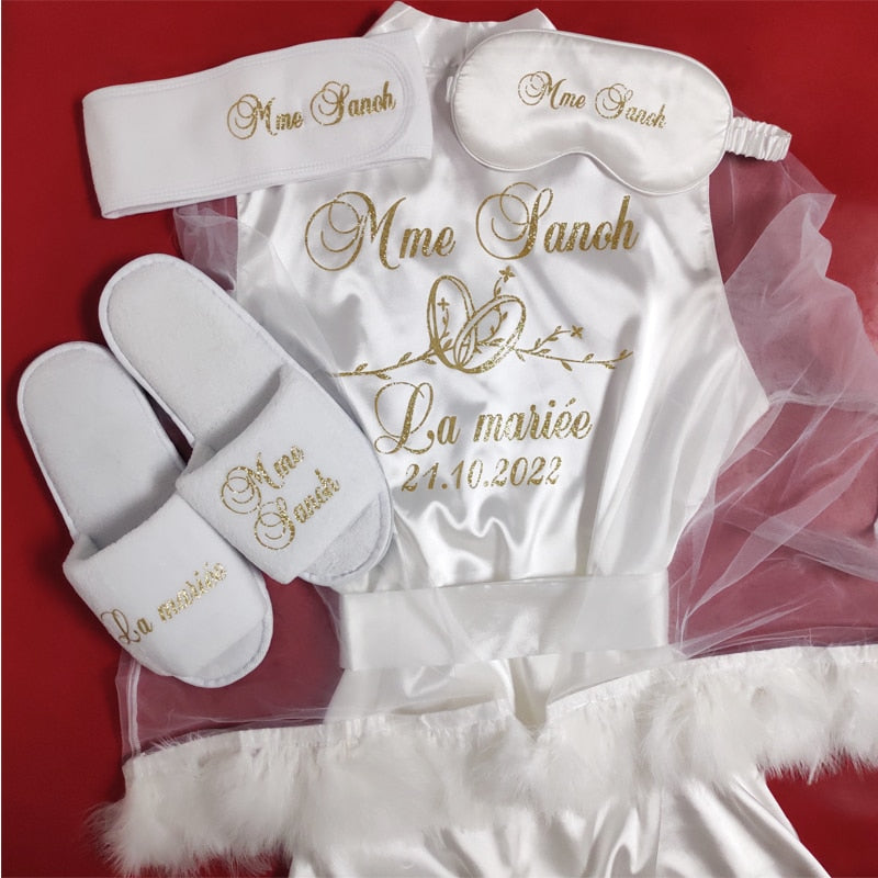 Customize Name Date Wedding Feather Bride Robe Bridesmaid Bathrobe Sleepwear Long Elegant Woman Dress Sexy Nightgown for Party