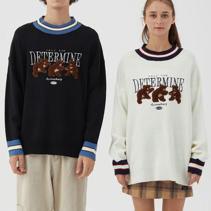 Bear Patchwork Striped Knitted Jumper Sweater Streetwear Hip Hop Harajuku