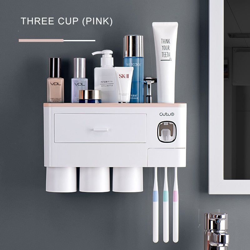 Magnetic Adsorption Inverted Toothbrush Holder Automatic Toothpaste Dispenser With Cup Toothpaste Bathroom Accessories Set