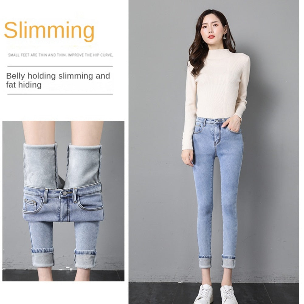 Winter Thick female Velvet Women High Waist Skinny Jeans Simple Fleece Warm Slim fit Stretch Ladies Casual Denim Pencil Pants