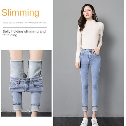 Winter Dicke weibliche Samt Frauen Hohe Taille Dünne Jeans Einfache Fleece Warme Slim fit Stretch Damen Casual Denim Bleistift Hosen