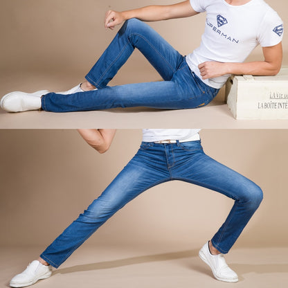 Classic Style Men Brand Jeans Business Casual Stretch Slim Denim Pants Light Blue Black Trousers Male