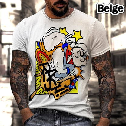 Men Vintage T-shirt Loose O Neck Sailor 3D Pattern Short Sleeve Street Casual Hip Hop Top