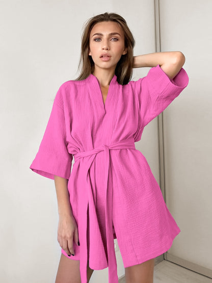 Crepe Cotton Robe Women Nightwear Sleepwear Mini Bathrobes Lace Up Nightwear Muslin Women Home Clothes Solid Color Robes Women Nightgown