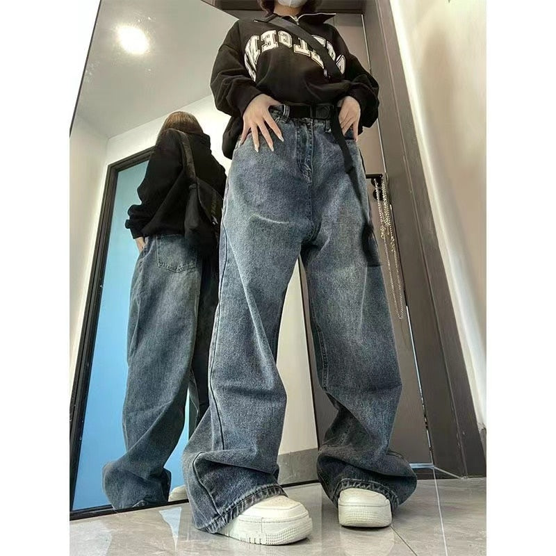 Baggy Femme Jeans Y2K Dark Blue Brown High Waist Streetwear 90S Baggy Pants Women Trousers Straight Wide Leg Pants