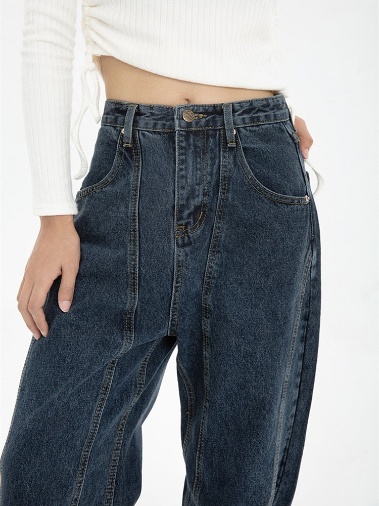 Dark Blue Women Jeans High Waist Vintage Straight Baggy Denim Pants Streetwear American Style Fashion Wide Leg Denim Pants