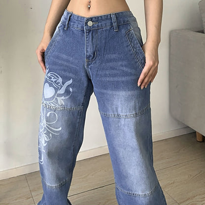 Harajuku gedruckt Cargo Jeans Y2K Dark Blau braun Hohe Taille Streetwear 90S Baggy Jeans Frauen Hosen Gerade breite bein jeans
