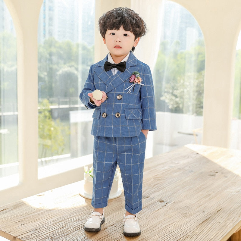 Blume Jungen Formalen Kleid Anzug Set Herbst Kinder Plaid Zweireiher Blazer Hosen 2Pcs Kleidung