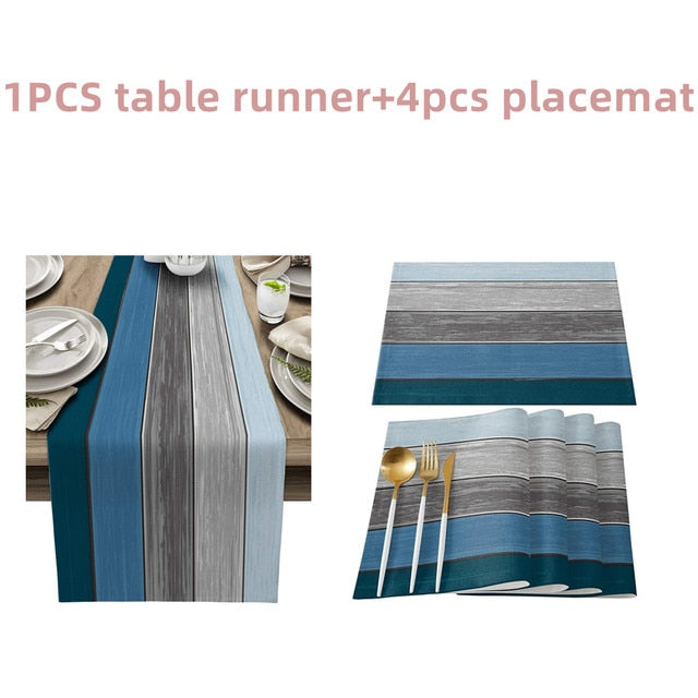 Farmhouse Wood Texture Table Runner Tablecloths Combination Set Wedding Party Event Dining Table Decoration Hotel Home Tablecloth