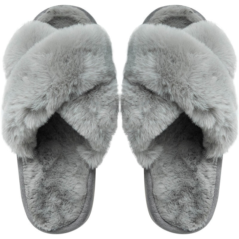 Winter New Women Slipper Soft Rabbit Fur Cross Upper 3cm Heel Platform Fur Warm Indoor Ladies Open Toe Fluffy Home Slippers