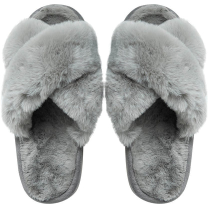 Winter New Women Slipper Soft Rabbit Fur Cross Upper 3cm Heel Platform Fur Warm Indoor Ladies Open Toe Fluffy Home Slippers
