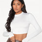 Women Basic Skinny Crop T-Shirt Half High Collar Long Sleeve