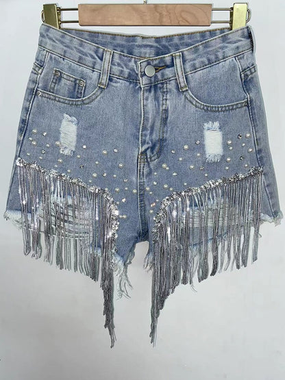 Sommer Elegante Shorts Dame Quaste Perlen Hohe Taille Breite Bein Denim Shorts Weibliche Beiläufige