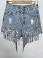 Summer Elegant Shorts Lady Tassel Beading High Waist Wide Leg Denim Shorts Female Casual