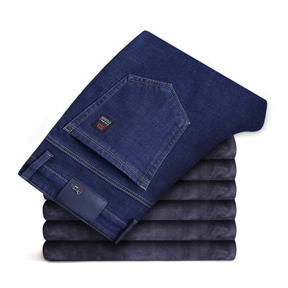 Winter New Men's Fleece Warm Jeans Classic Style Business Casual Thicken Regular Fit Denim Pants Black Blue Brand Trousers