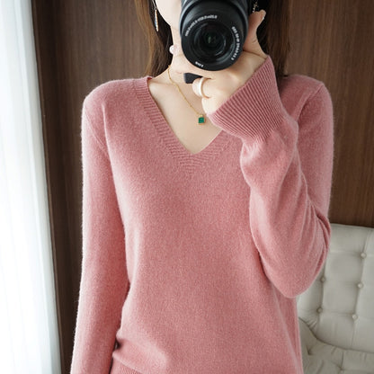 Women's sweater autumn winter knitted sweater V-neck slim fit