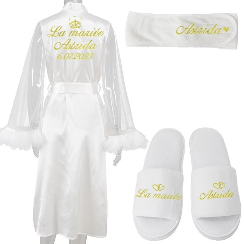 Customize Name Date Wedding Feather Bride Robe Bridesmaid Bathrobe Sleepwear Long Elegant Woman Dress Sexy Nightgown for Party