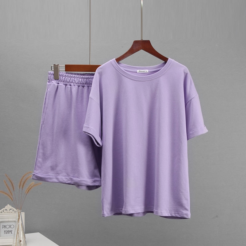 Summer Cotton Sets Women Casual Two Pieces Short Sleeve T Shirts