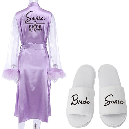 Customize Name Date Wedding Feather Bride Robe Bridesmaid Bathrobe Sleepwear Long Elegant Woman Dress Sexy Nightgown for Party