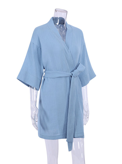 Crepe Cotton Robe Women Nightwear Sleepwear Mini Bathrobes Lace Up Nightwear Muslin Women Home Clothes Solid Color Robes Women Nightgown