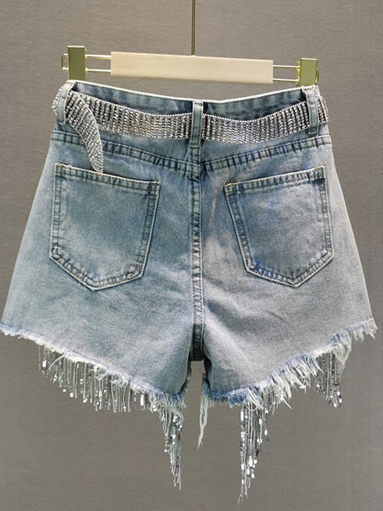 Summer Elegant Shorts Lady Tassel Beading High Waist Wide Leg Denim Shorts Female Casual