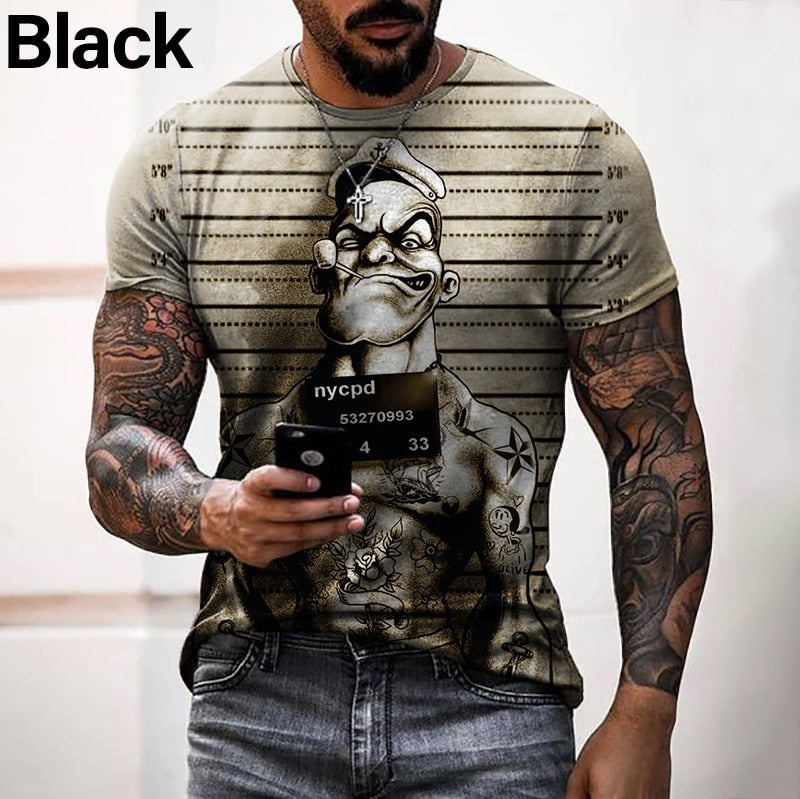 Men Vintage T-shirt Loose O Neck Sailor 3D Pattern Short Sleeve Street Casual Hip Hop Top