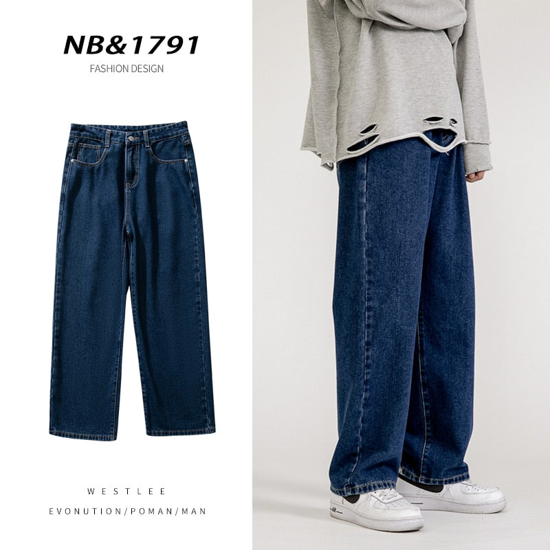 Korean fashion men's baggy jeans classic all-match solid color straight leg wide leg jeans male light blue gray black