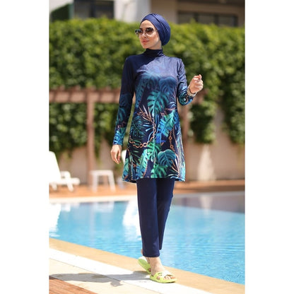 Women Muslim Swimwear Maple Leaf Print Lslamic Clothing Hijab 3 Pcs Long Sleeves Sport Swimsuit Burkinis Bathing Suit Abaya