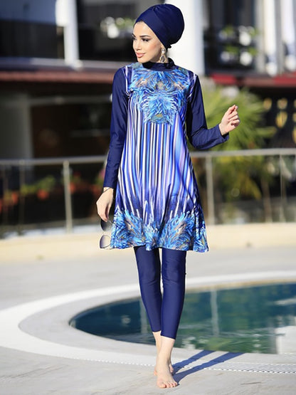 Women Muslim Swimwear Maple Leaf Print Lslamic Clothing Hijab 3 Pcs Long Sleeves Sport Swimsuit Burkinis Bathing Suit Abaya