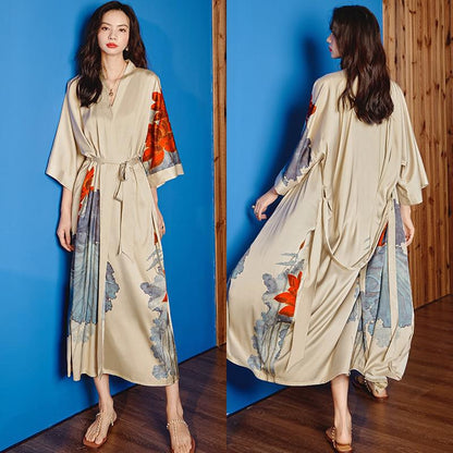 Black Print Flower Long Robe Nightgown Spring Summer Half Sleeve Kimono Bathrobe Gown Women Sexy Rayon Home Dress Loungewear