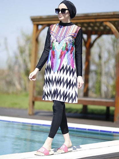 Women Muslim Swimwear Maple Leaf Print Lslamic Clothing Hijab 3 Pcs Long Sleeves Sport Swimsuit Burkinis Bathing Suit Abaya