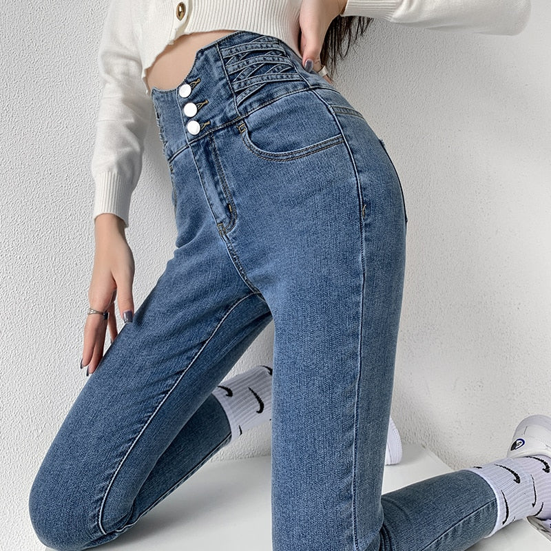 Dünne Bleistift Jeans Vier Tasten Vintage Hohe Taille Frauen Schlank Stretch Denim Hosen Engen Hosen 2022 frauen Hosen