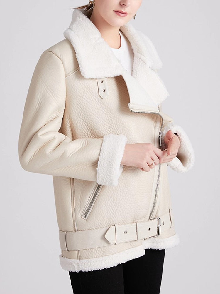 Winter Mäntel Frauen Dicke Faux Leder Pelz Schaffell Mantel Weiblichen Pelz Leder Jacke