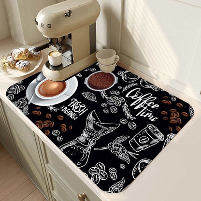 Retro Cafe Design Drain Pad Tableware Coffee Cup Placemat Kitchen Rugs Dish Drainer Absorbent Durable Napa Skin Bathroom Table Mat