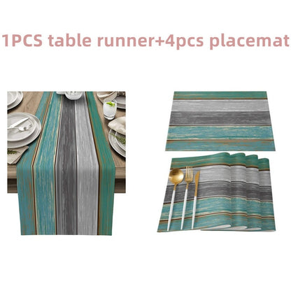 Farmhouse Wood Texture Table Runner Tablecloths Combination Set Wedding Party Event Dining Table Decoration Hotel Home Tablecloth