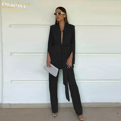 Clacive Herbst Grün Plissee Hosen Set Bodycon Slit Trosuer Anzüge Mode Spitze-Up Langarm Blazer