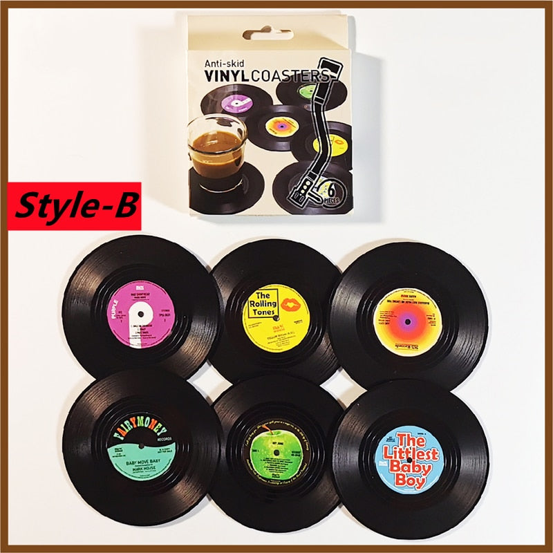 6pcs Retro Vinyl Record Cup Coaster Anti-slip Coffee Coasters Heat Resistant Music Drink Mug Mat Table Placemat Home Decor Gifts