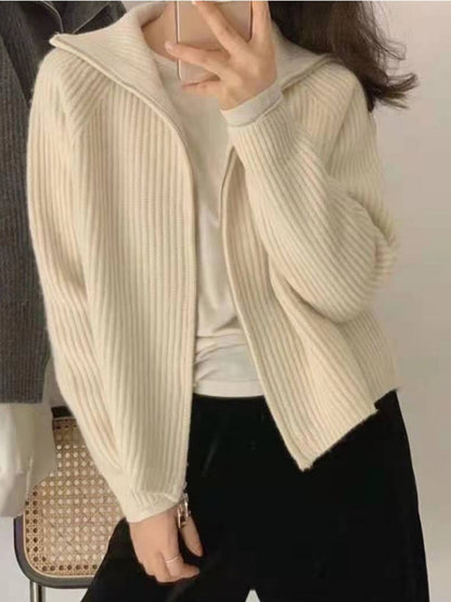 Autumn Vintage Zipper Solid Loose Long Sleeve Tops Knitwear Chic