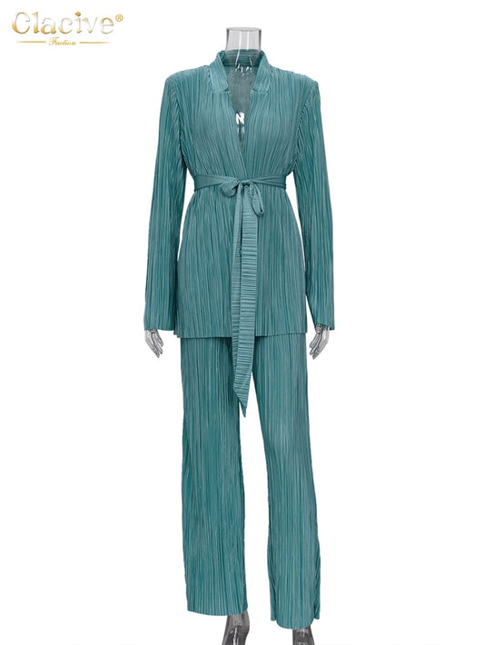Clacive Autumn Green Pleated Pants Set Bodycon Slit Trosuer Suits Fashion Lace-Up Long Sleeve Blazer