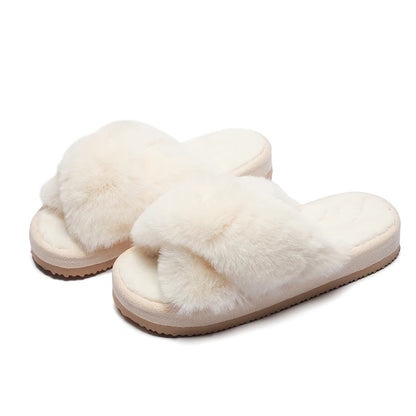 Winter Neue Frauen Slipper Weiche Kaninchen Fell Kreuz Oberen 3cm Ferse Plattform Pelz Warme Innen Damen Offene spitze flauschigen Hause Hausschuhe