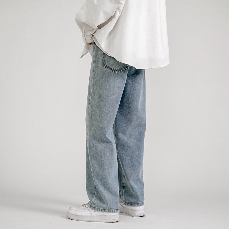 New Korean fashion men's baggy jeans classic unisex man straight denim pants wide leg hip hop bagy light blue gray black