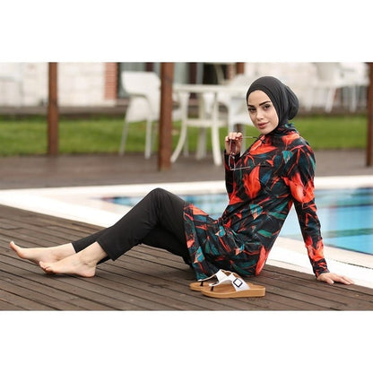 Women Muslim Swimwear Maple Leaf Print Lslamic Clothing Hijab 3 Pcs Long Sleeves Sport Swimsuit Burkinis Bathing Suit Abaya