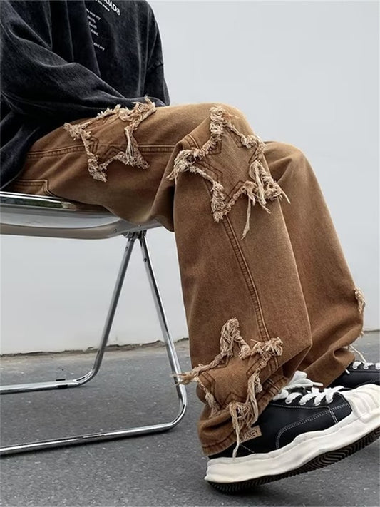 neue Mode Sterne Handtuch Stickerei braun baggy Männer Jeans Hosen y2k Kleidung gerade Hip Hop Baumwolle Hose Pantalon Homme