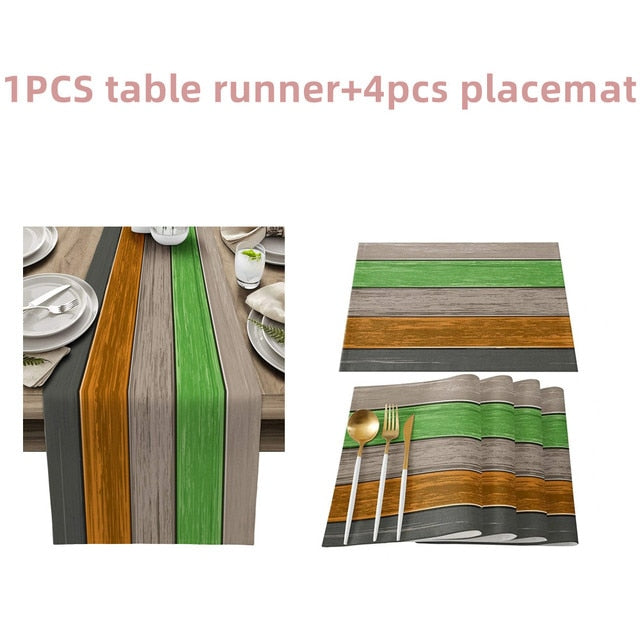 Farmhouse Wood Texture Table Runner Tablecloths Combination Set Wedding Party Event Dining Table Decoration Hotel Home Tablecloth