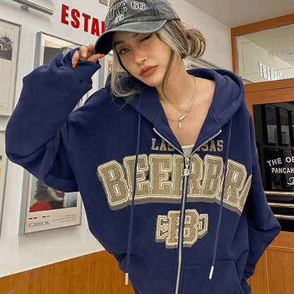Women Harajuku Retro Long Sleeve Zipper Sweatshirt Female Hip Hop Loose