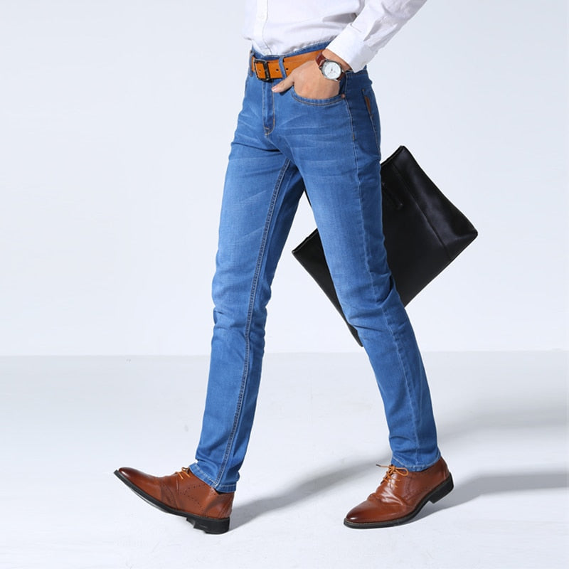 Classic Style Men Brand Jeans Business Casual Stretch Slim Denim Pants Light Blue Black Trousers Male