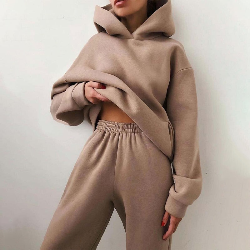 Women Tracksuit Suit Autumn Fashion Warm Hoodie Sweatshirts Two Pieces Oversized Solid Casual Hoody Pullover Long Pants Sets