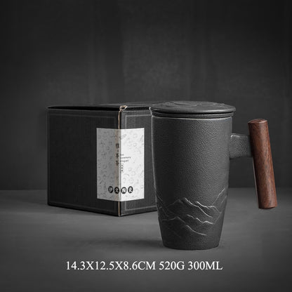 Ceramic Retro Coffee Mug Office Water Cup Filter Tea Cup with Lid Cups and Mugs Wooden Handle Caneca Birthday Gift Box cm061
