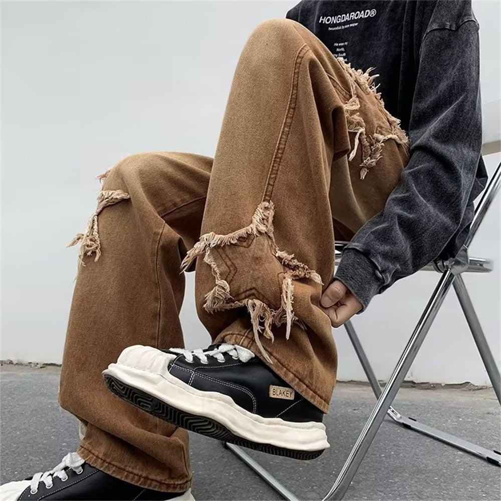 neue Mode Sterne Handtuch Stickerei braun baggy Männer Jeans Hosen y2k Kleidung gerade Hip Hop Baumwolle Hose Pantalon Homme