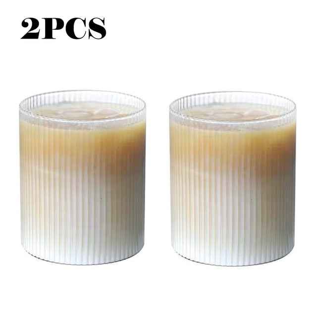 375Ml Simple Stripe Glass Cup With Lid and Straw Transparent Bubble Tea Cup Juice Glass Beer Can Milk Mocha Cups Breakfast Mug